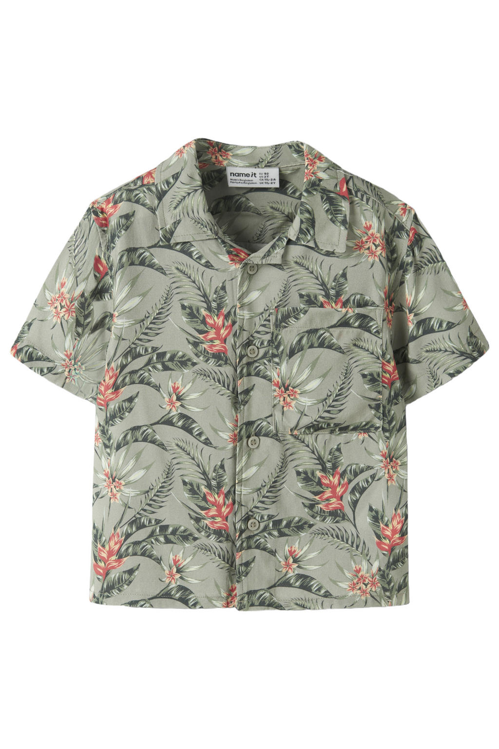 Groen en multikleurige jongens NAME IT MINI overhemd van viscose met bladprint, korte mouwen, button down sluiting, knoopsluiting en geweven detail