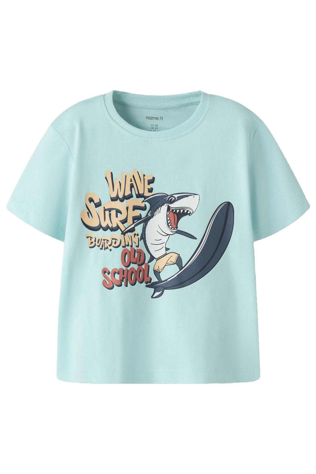 Lichtblauwe jongens NAME IT MINI T-shirt van katoen met printopdruk, korte mouwen en ronde hals