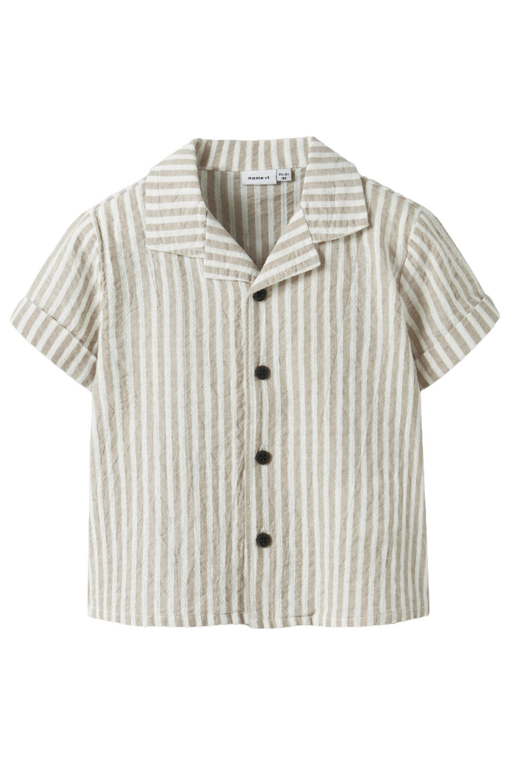 Beige en witte jongens NAME IT MINI gestreept overhemd van katoen met korte mouwen, klassieke kraag, knoopsluiting en textuur