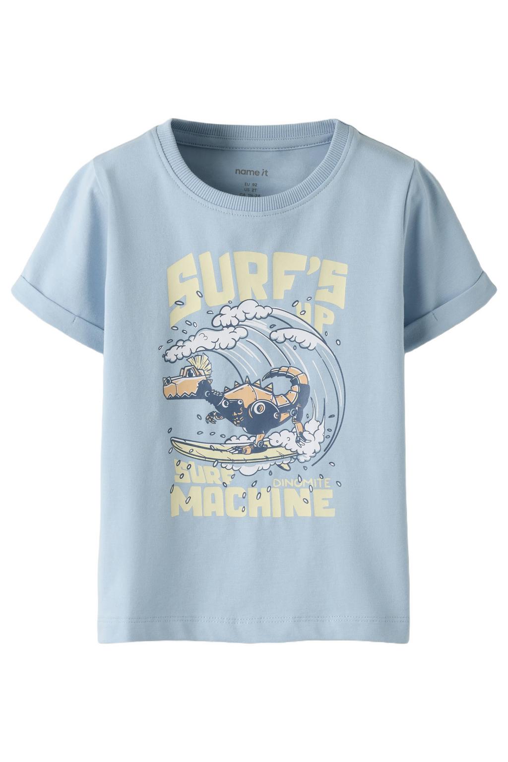 Blauwe jongens NAME IT MINI T-shirt van stretchkatoen met printopdruk, korte mouwen en ronde hals