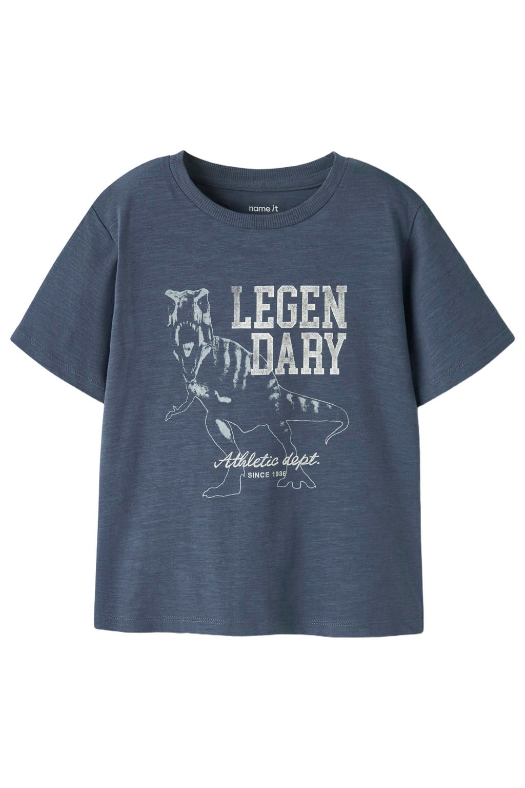 Blauwe jongens NAME IT MINI T-shirt van stretchkatoen met printopdruk, korte mouwen en ronde hals