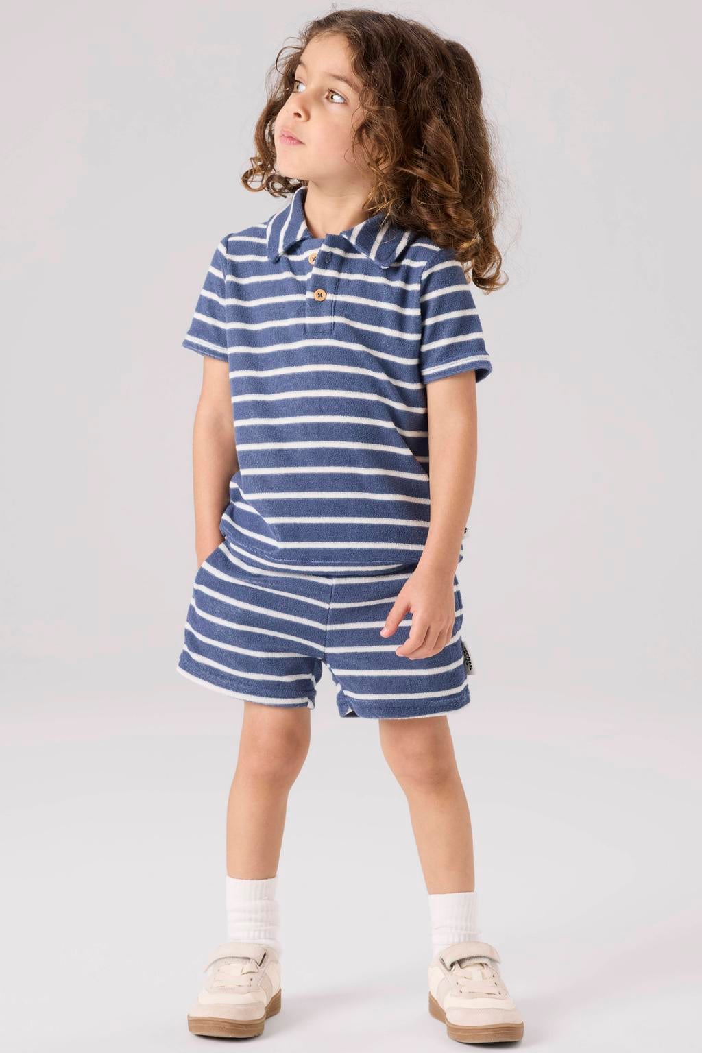Blauw en witte jongens NAME IT MINI gestreepte polo van badstof met korte mouwen en knoopsluiting