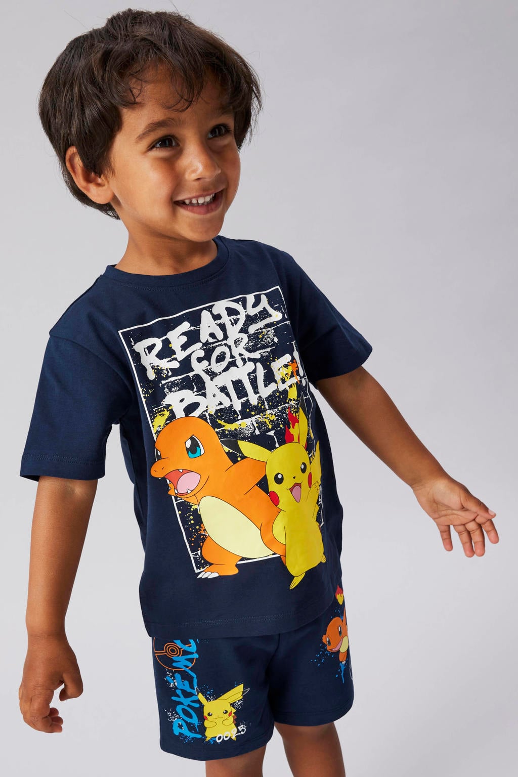 Donkerblauwe jongens NAME IT MINI Pokemon T-shirt van stretchkatoen met printopdruk, korte mouwen en ronde hals