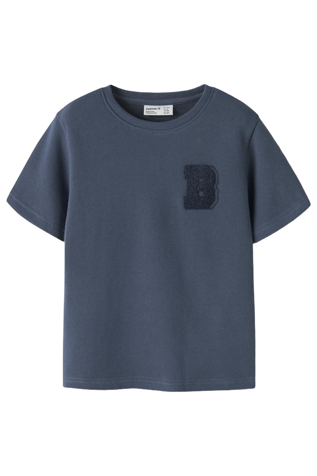 Donkerblauwe jongens NAME IT MINI T-shirt van katoen met printopdruk, korte mouwen, ronde hals en 3D applicatie
