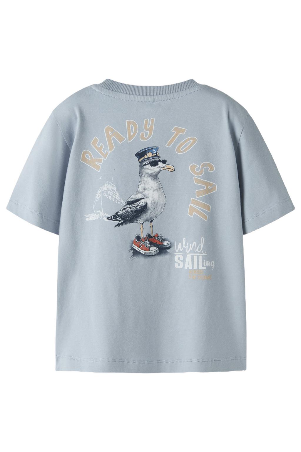 Lichtblauwe jongens NAME IT MINI T-shirt van stretchkatoen met backprint, korte mouwen en ronde hals