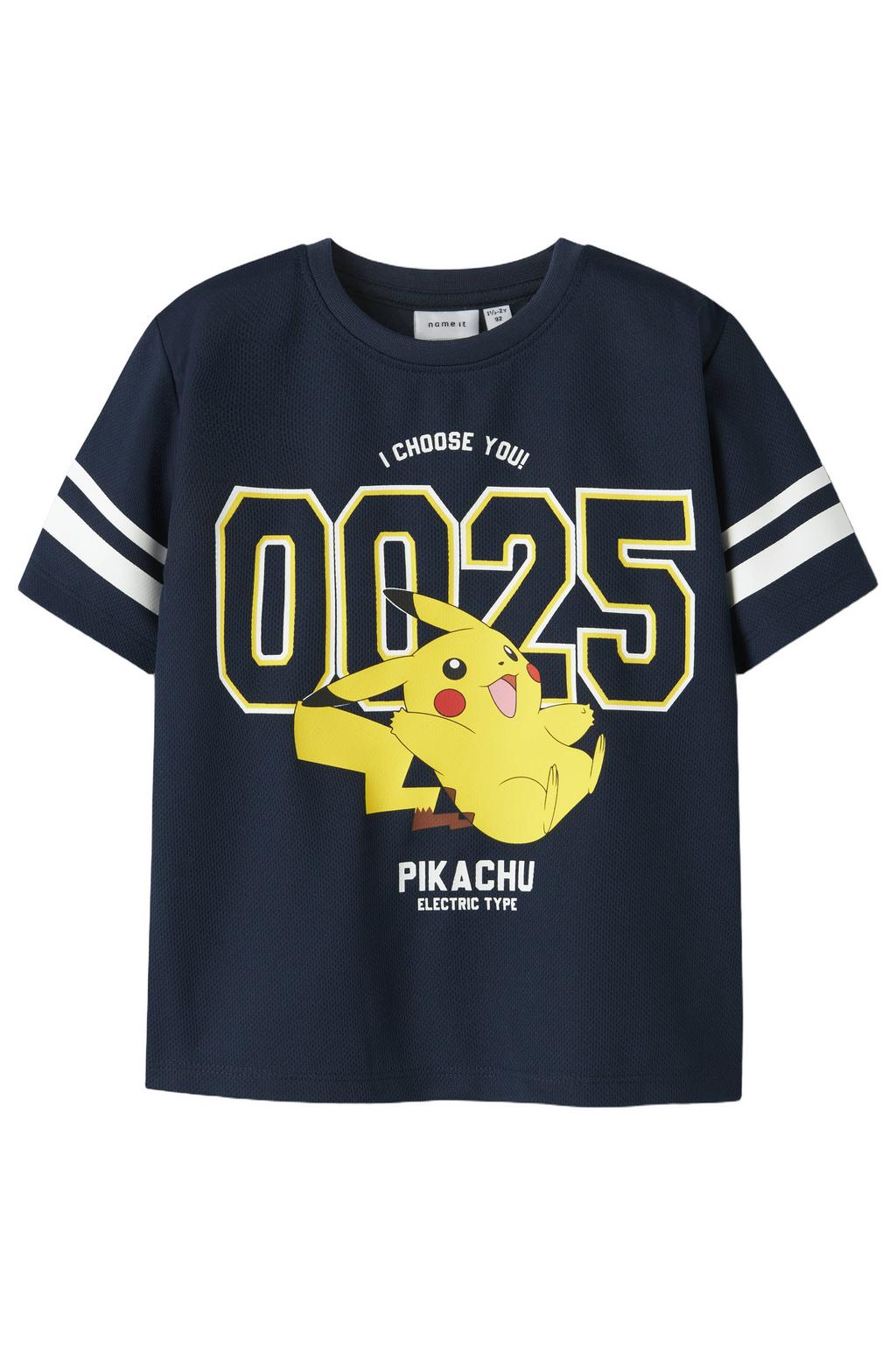Donkerblauwe jongens NAME IT MINI Pokemon T-shirt van polyester met printopdruk, korte mouwen, ronde hals en mesh