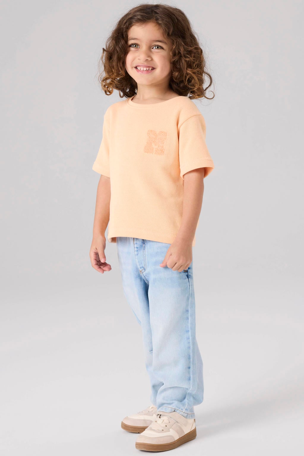Oranje jongens NAME IT MINI T-shirt van katoen met printopdruk, korte mouwen, ronde hals en 3D applicatie