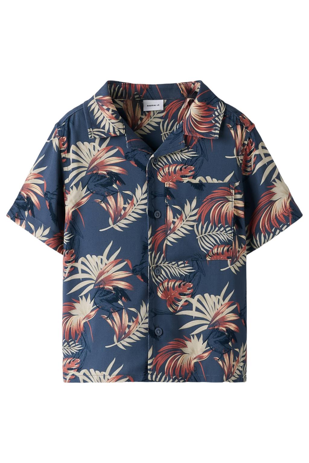 Blauw en multikleurige jongens NAME IT MINI overhemd van viscose met bladprint, korte mouwen, button down sluiting, knoopsluiting en geweven detail
