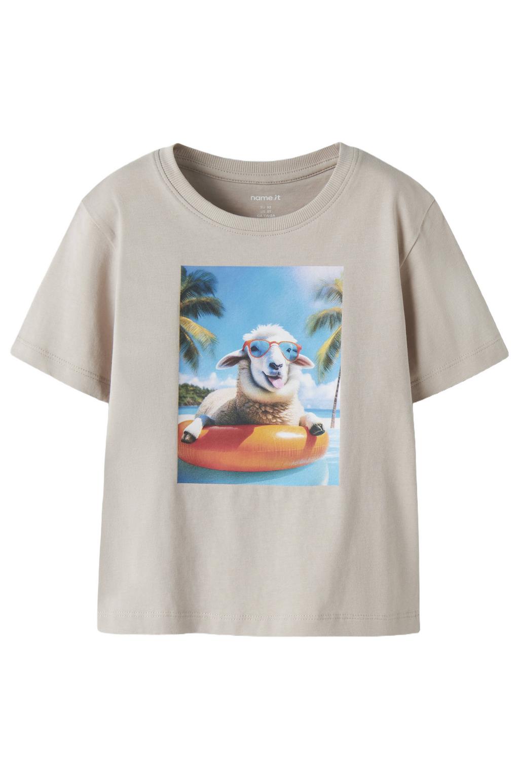 Grijze jongens NAME IT MINI T-shirt van katoen met printopdruk, korte mouwen en ronde hals