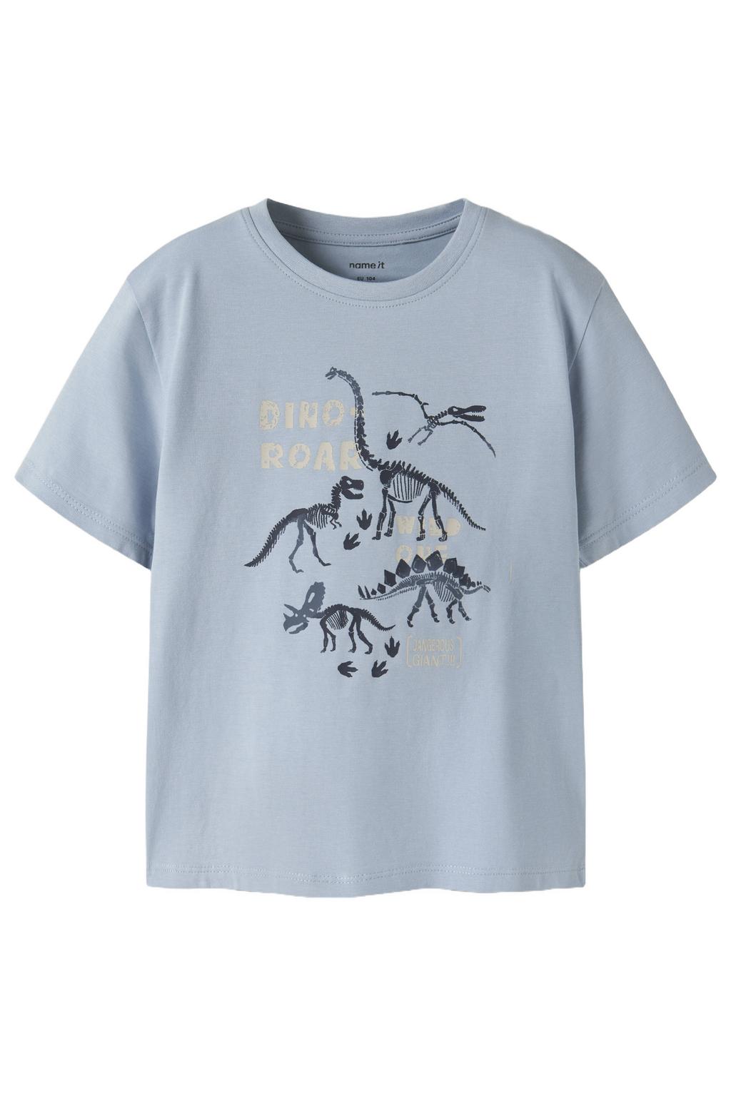 Lichtblauwe jongens NAME IT MINI T-shirt van stretchkatoen met printopdruk, korte mouwen en ronde hals