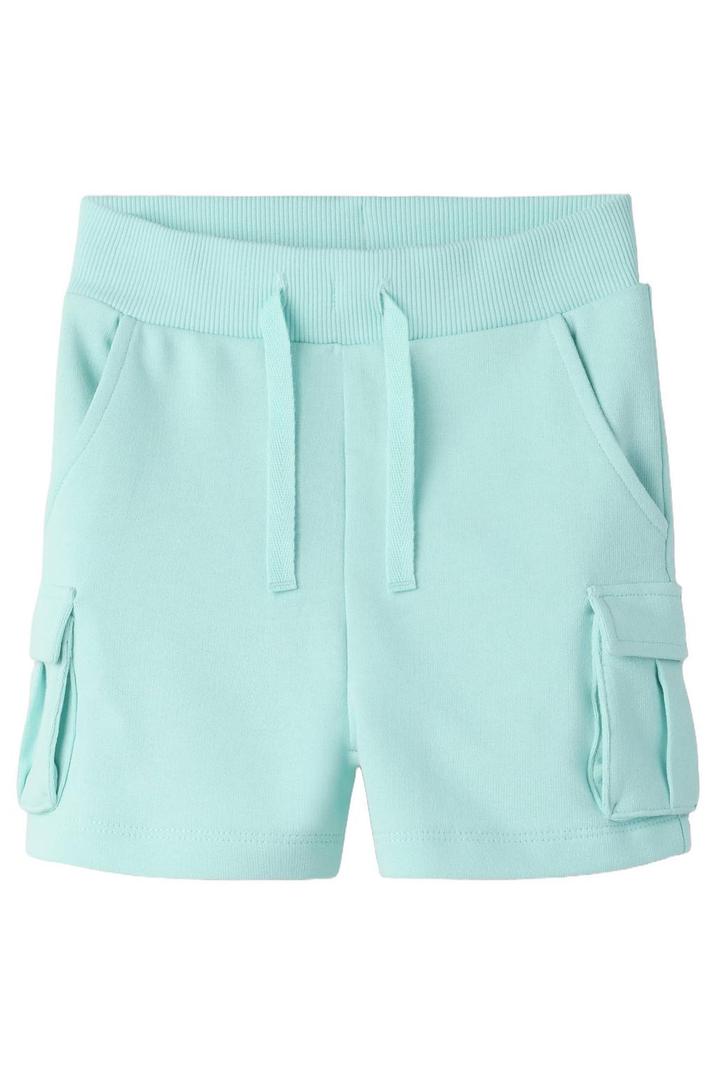 Turquoise jongens NAME IT MINI cargo short van katoen met regular fit, elastische tailleband met koord en effen