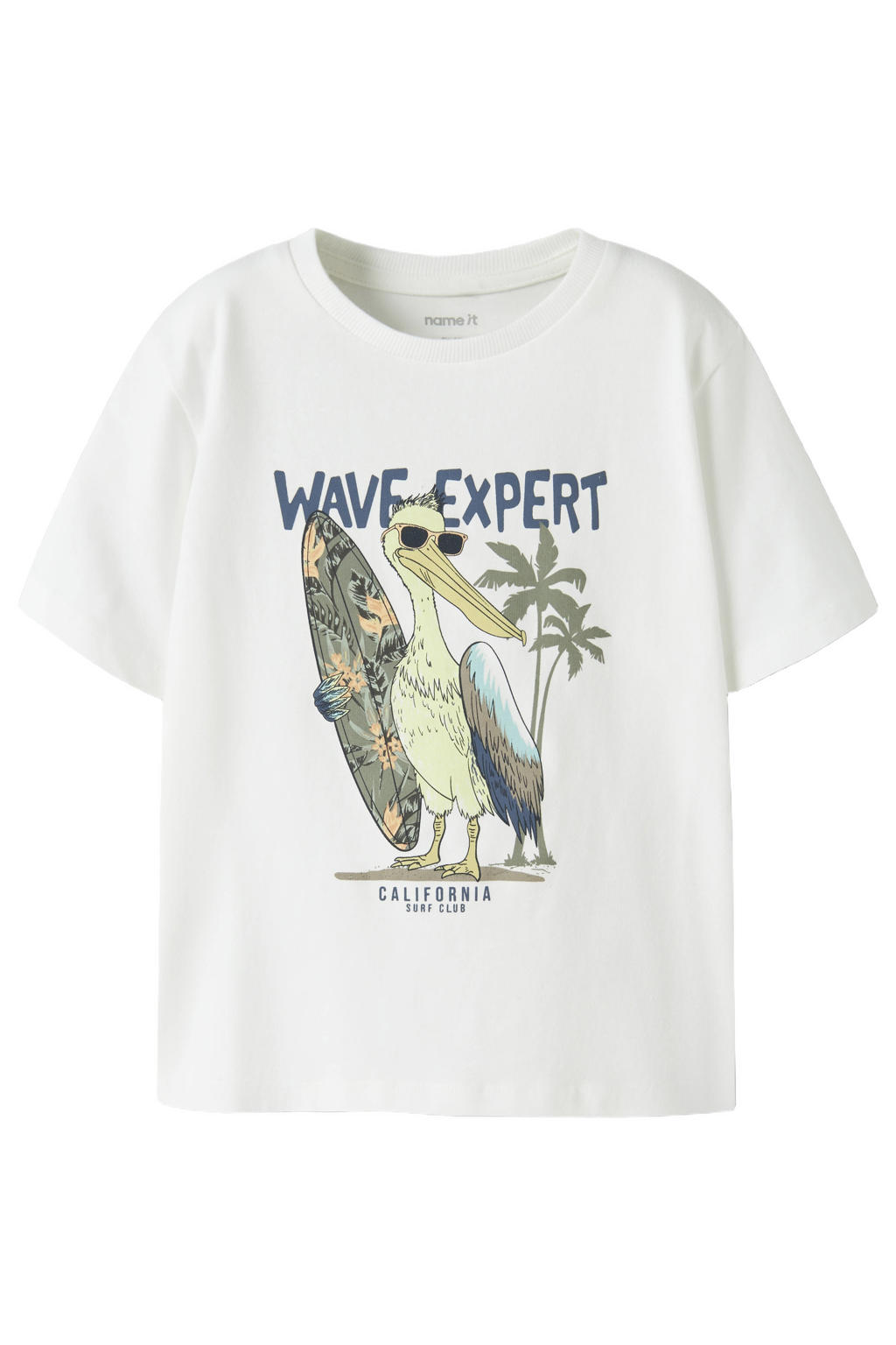 Witte jongens NAME IT MINI T-shirt van stretchkatoen met printopdruk, korte mouwen en ronde hals