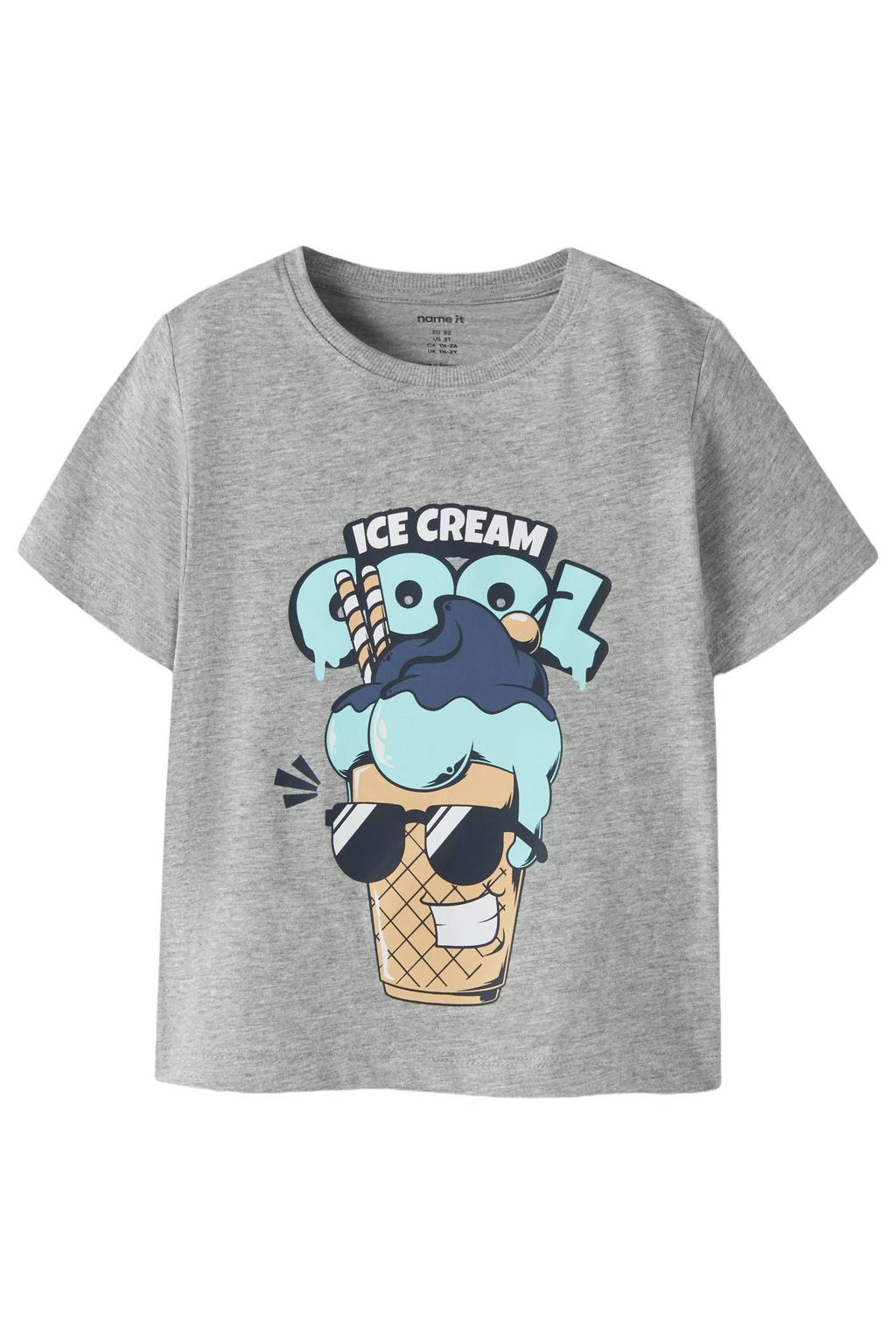 Grijs melange jongens NAME IT MINI T-shirt melange van katoen met printopdruk, korte mouwen en ronde hals