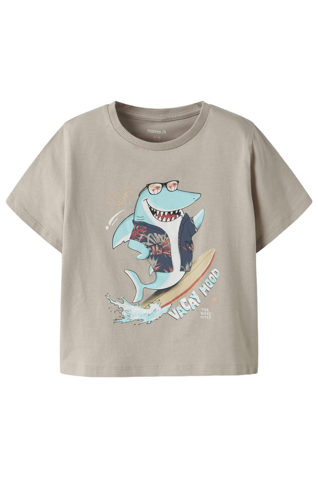 Grijze jongens NAME IT MINI T-shirt van stretchkatoen met printopdruk, korte mouwen en ronde hals