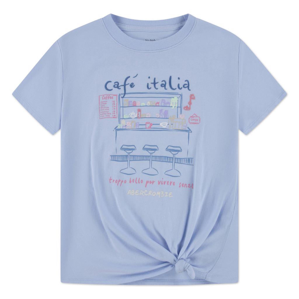 Lichtblauwe meisjes Abercrombie & Fitch jersey T-shirt van katoen met printopdruk, korte mouwen, ronde hals en knoopdetail