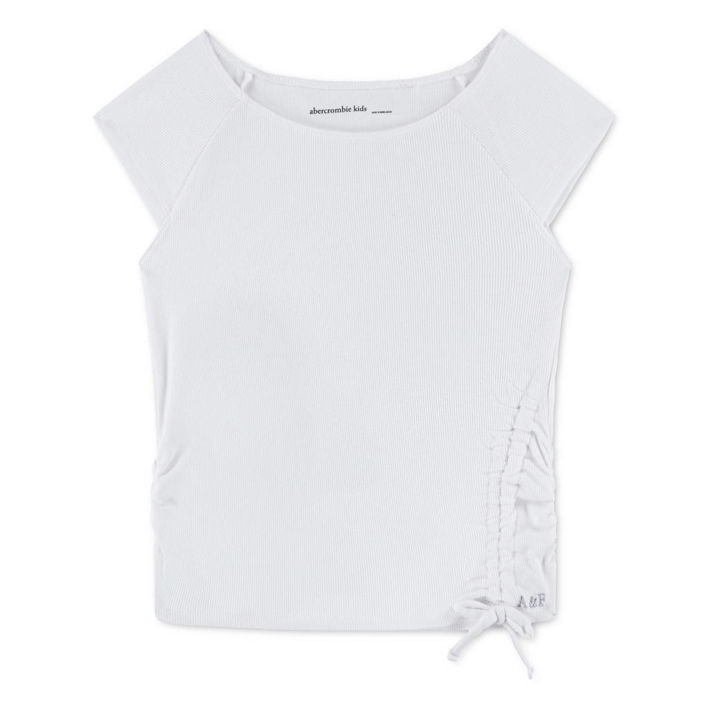 Witte meisjes Abercrombie & Fitch T-shirt van stretchkatoen met effen, korte mouwen, ronde hals en elastische boord