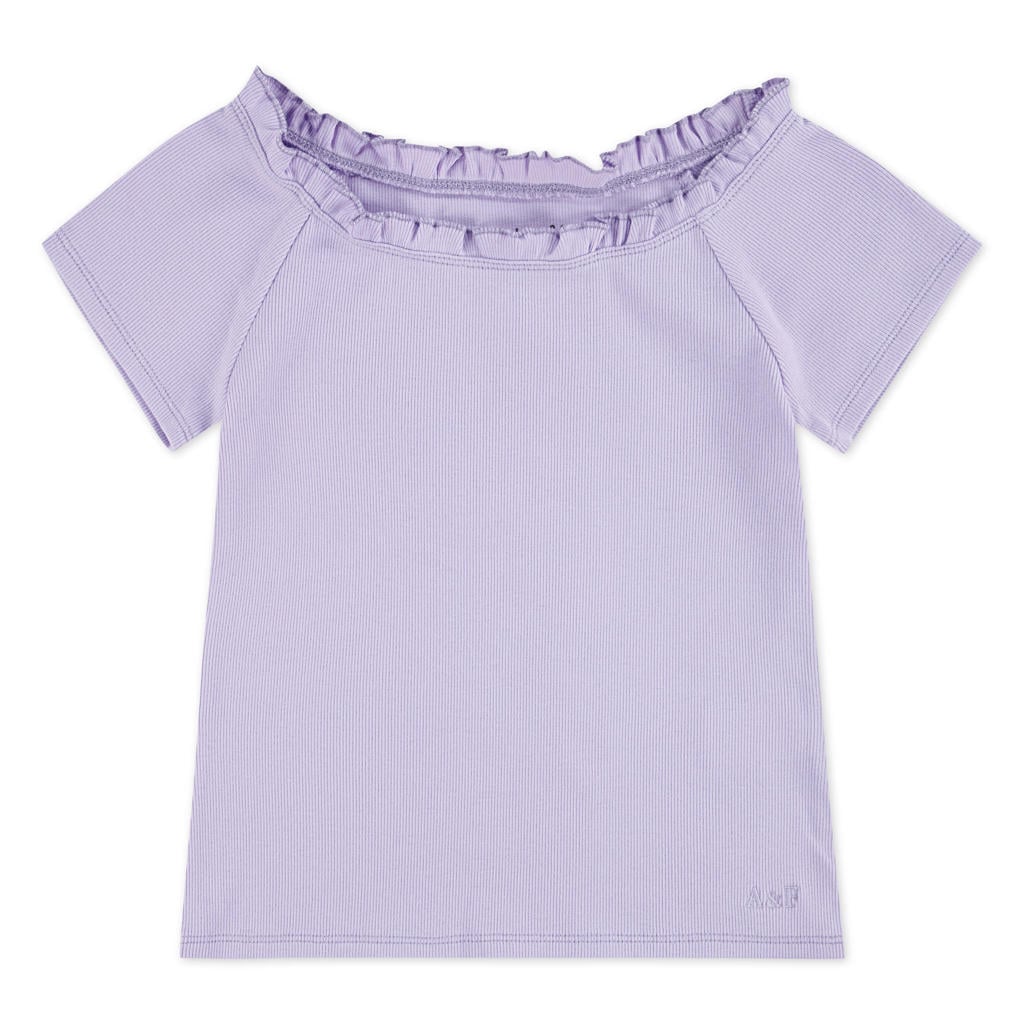 Lilakleurige meisjes Abercrombie & Fitch T-shirt van stretchkatoen met effen, korte mouwen, ronde hals en ruches