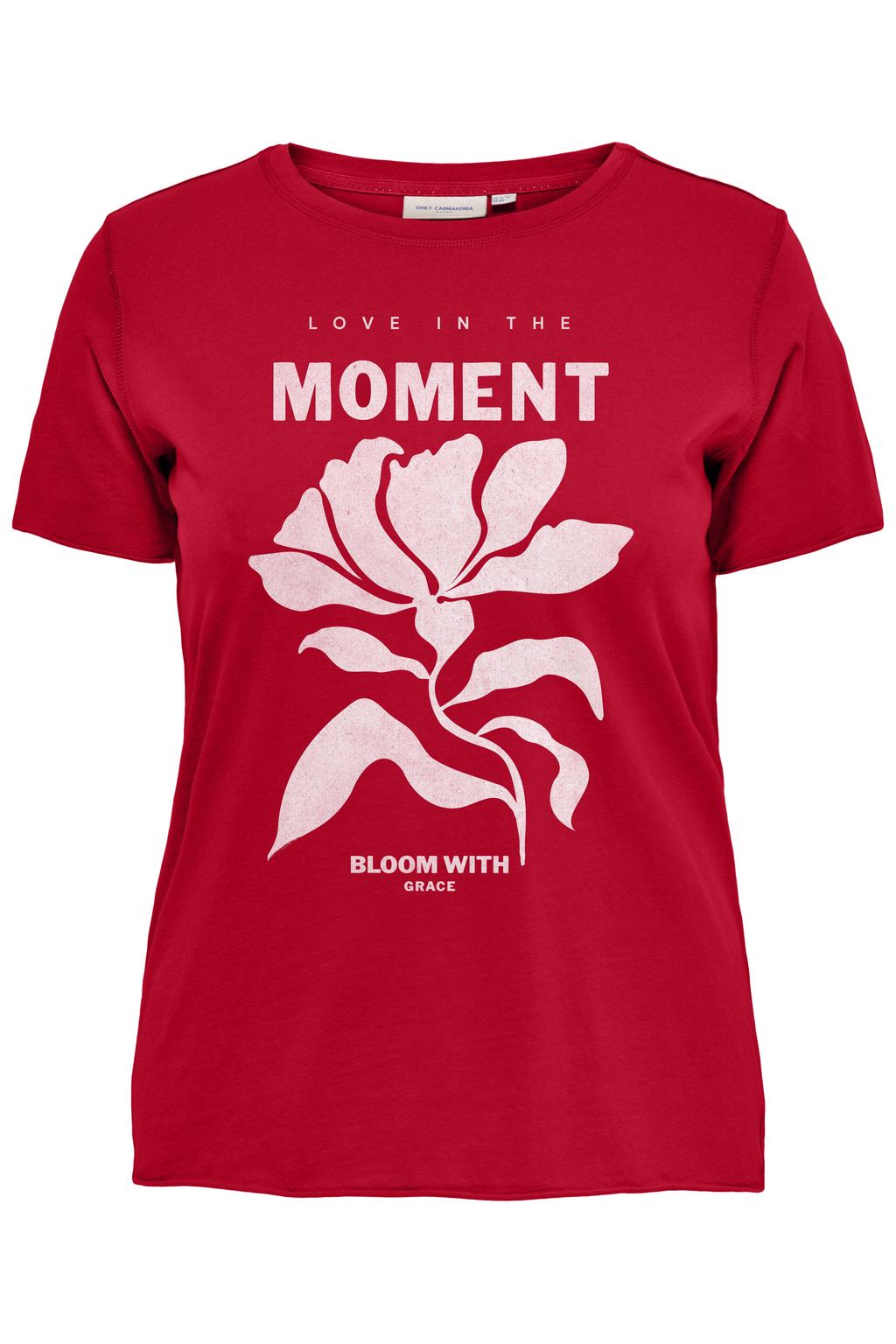 Rood en roze dames ONLY CARMAKOMA T-shirt van katoen met printopdruk, korte mouwen en ronde hals