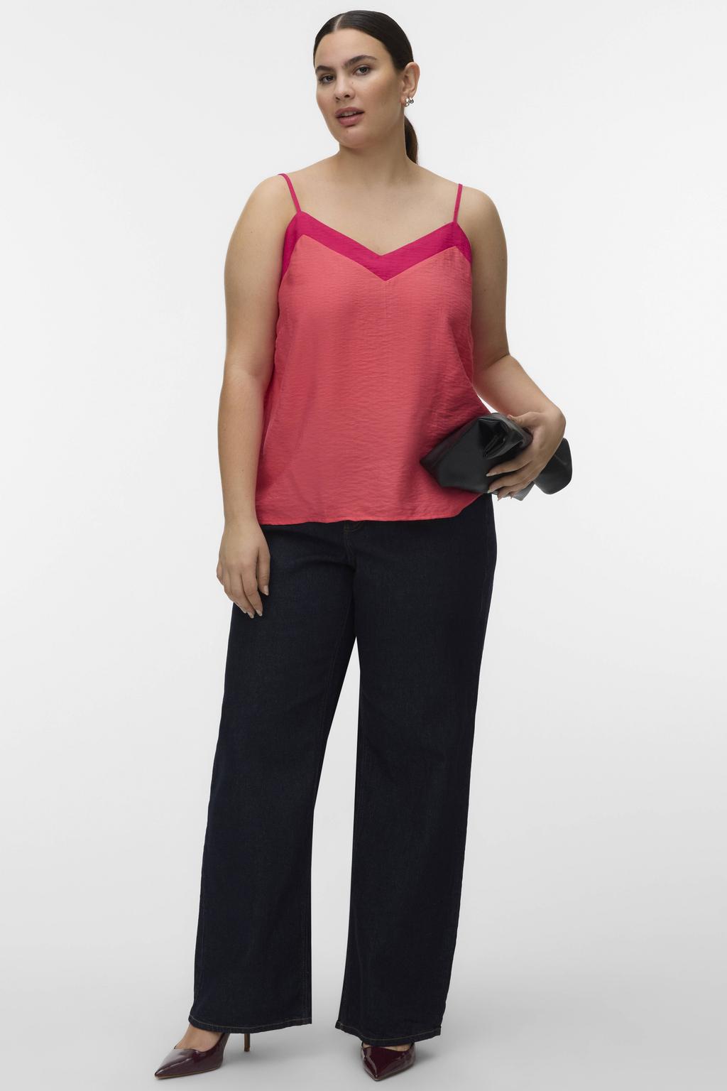 Rode dames VERO MODA CURVE singlet van viscose met effen, spaghettibandjes, V-hals en geweven detail