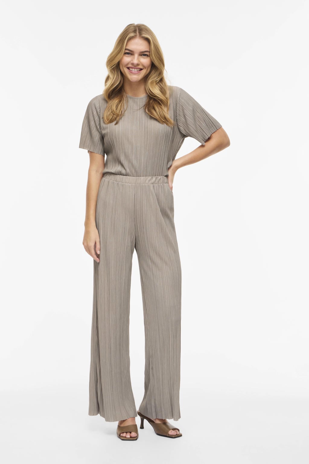 Taupe dames VILA high waist casual broek van polyester met loose fit, elastische tailleband en effen