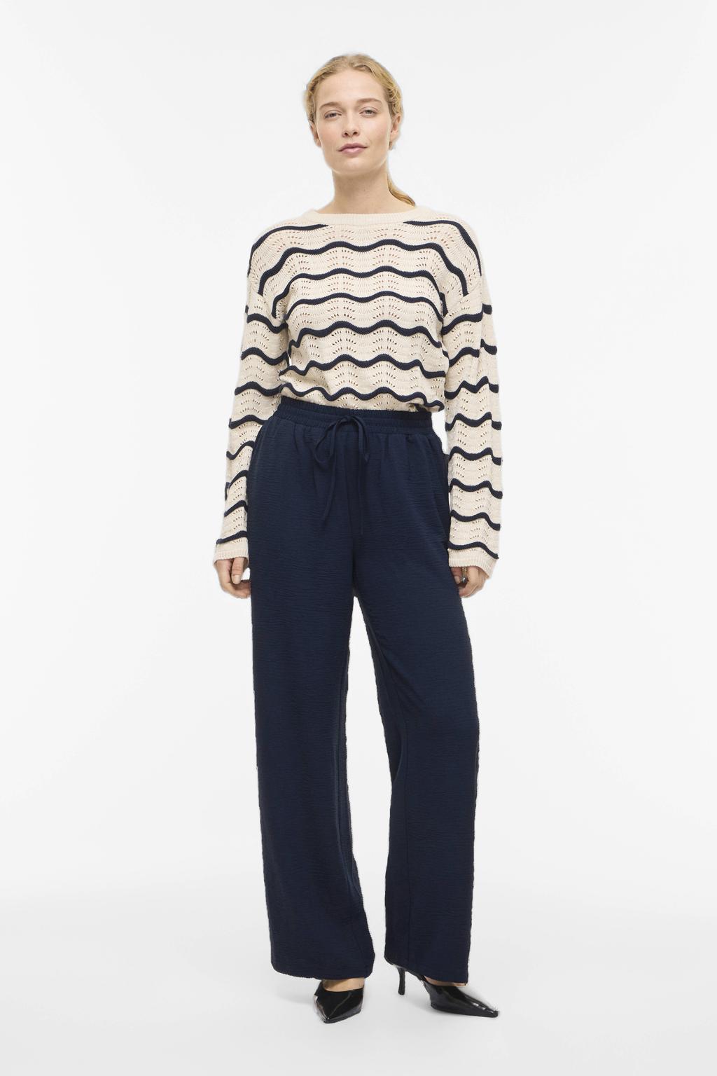 Marineblauw dames VILA casual broek van polyester met loose fit, high waist, elastische tailleband en effen
