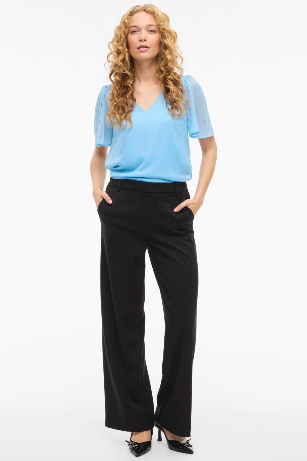 Lichtblauwe dames VILA top van polyester met effen, korte mouwen, V-hals en semi-transparante details