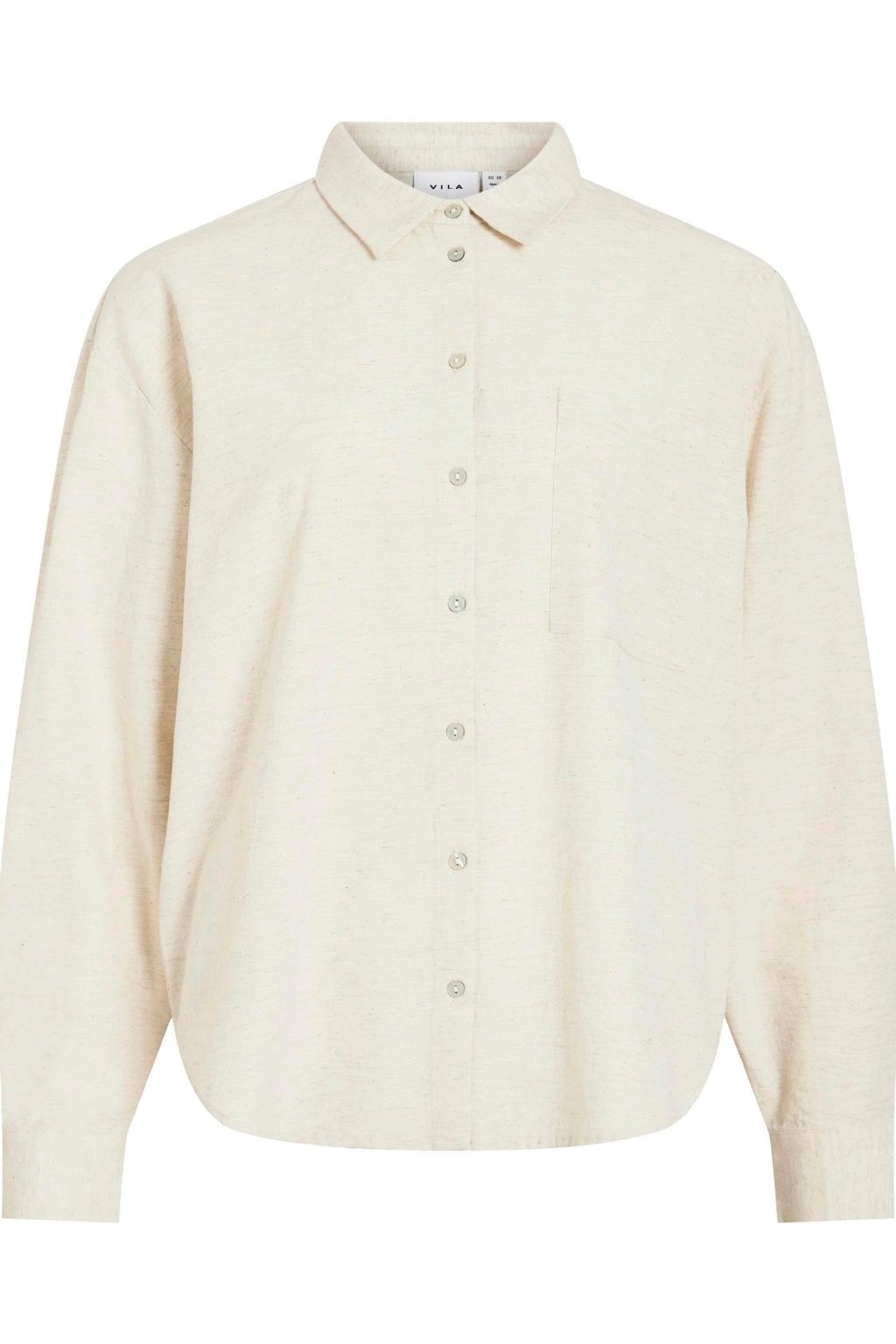 Zandkleurige dames VILA blouse van linnen met melée print, lange mouwen, klassieke kraag, knoopsluiting en omslagdetail