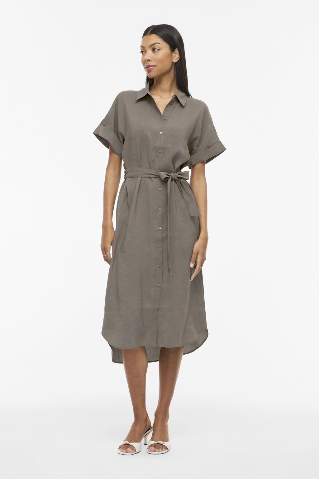 Taupe dames VILA blousejurk van modal met effen, korte mouwen, klassieke kraag, knoopsluiting en ceintuur