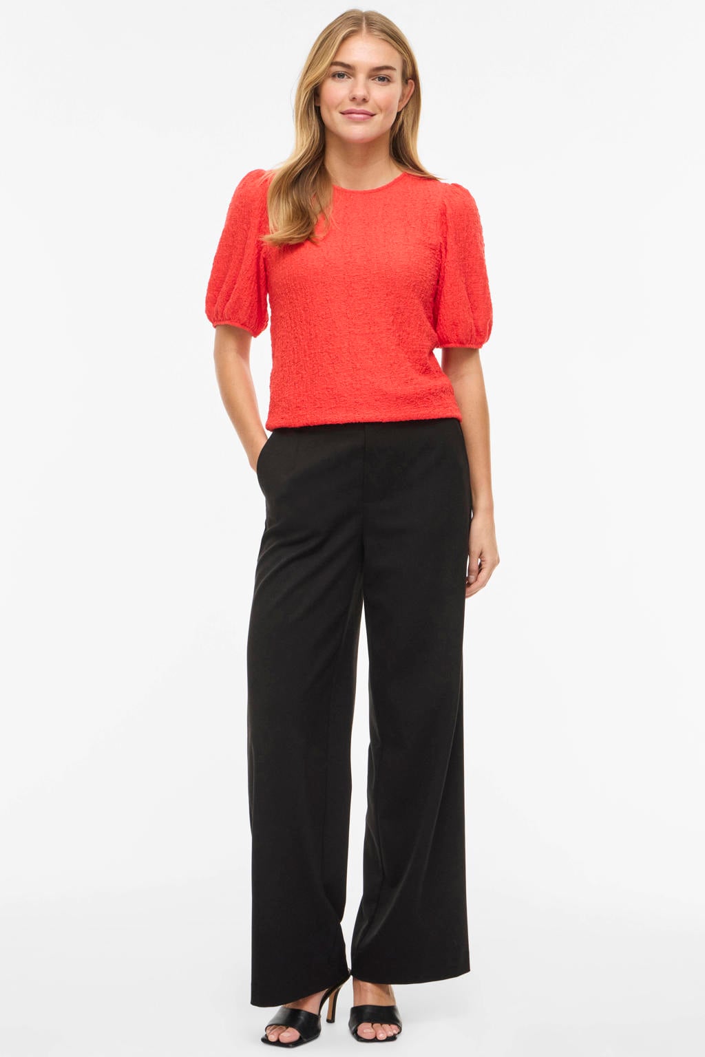Koraalrode dames VILA top van polyester met effen, half lange mouwen, ronde hals en jacquard