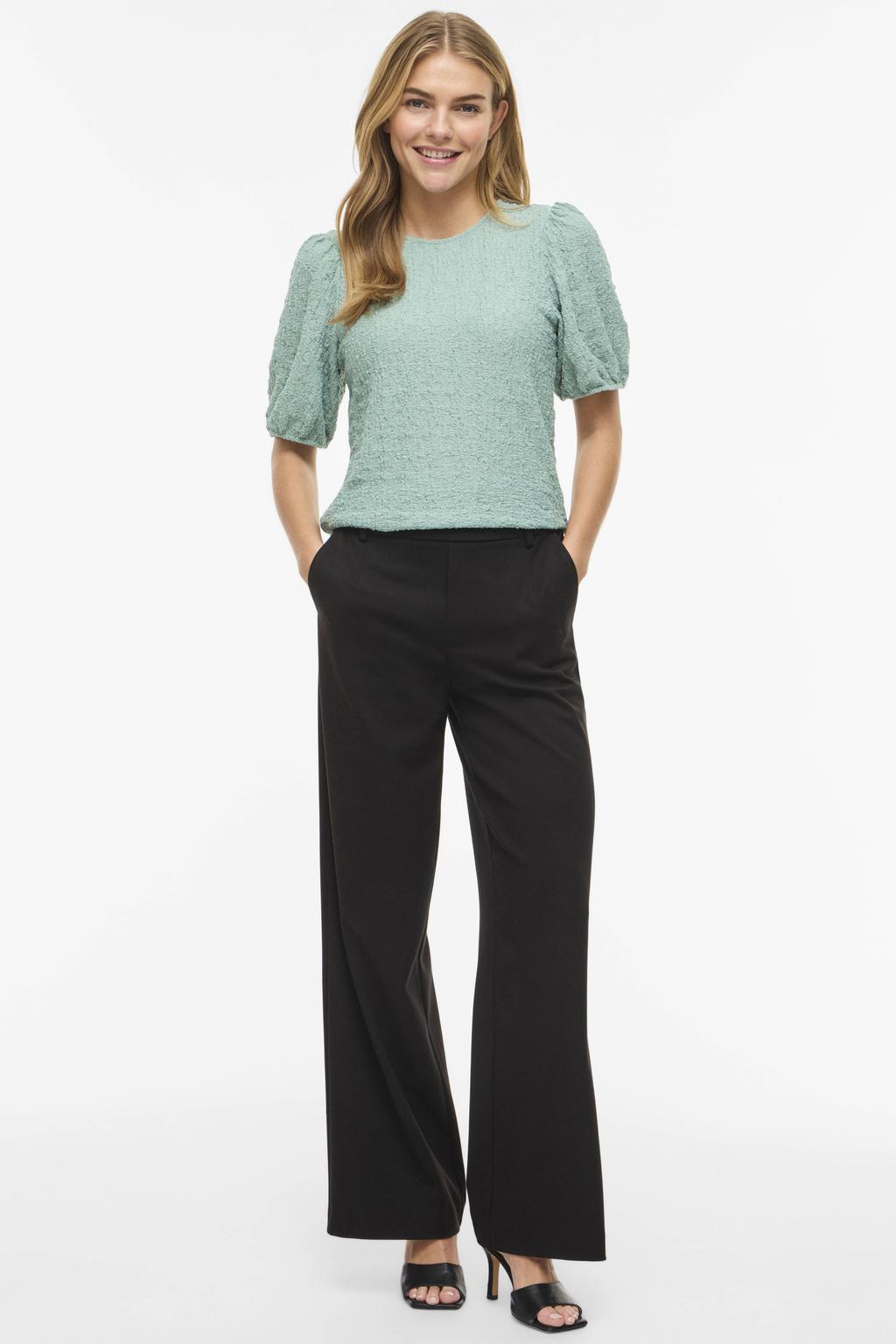 Lichtgroene dames VILA top van polyester met effen, half lange mouwen, ronde hals en jacquard