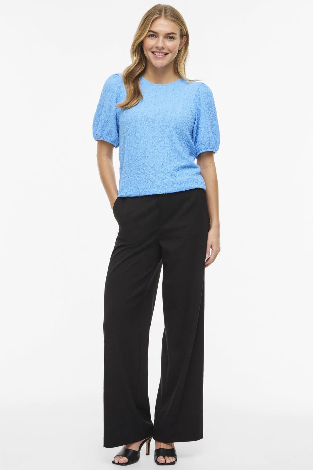 Blauwe dames VILA top van polyester met effen, half lange mouwen, ronde hals en jacquard