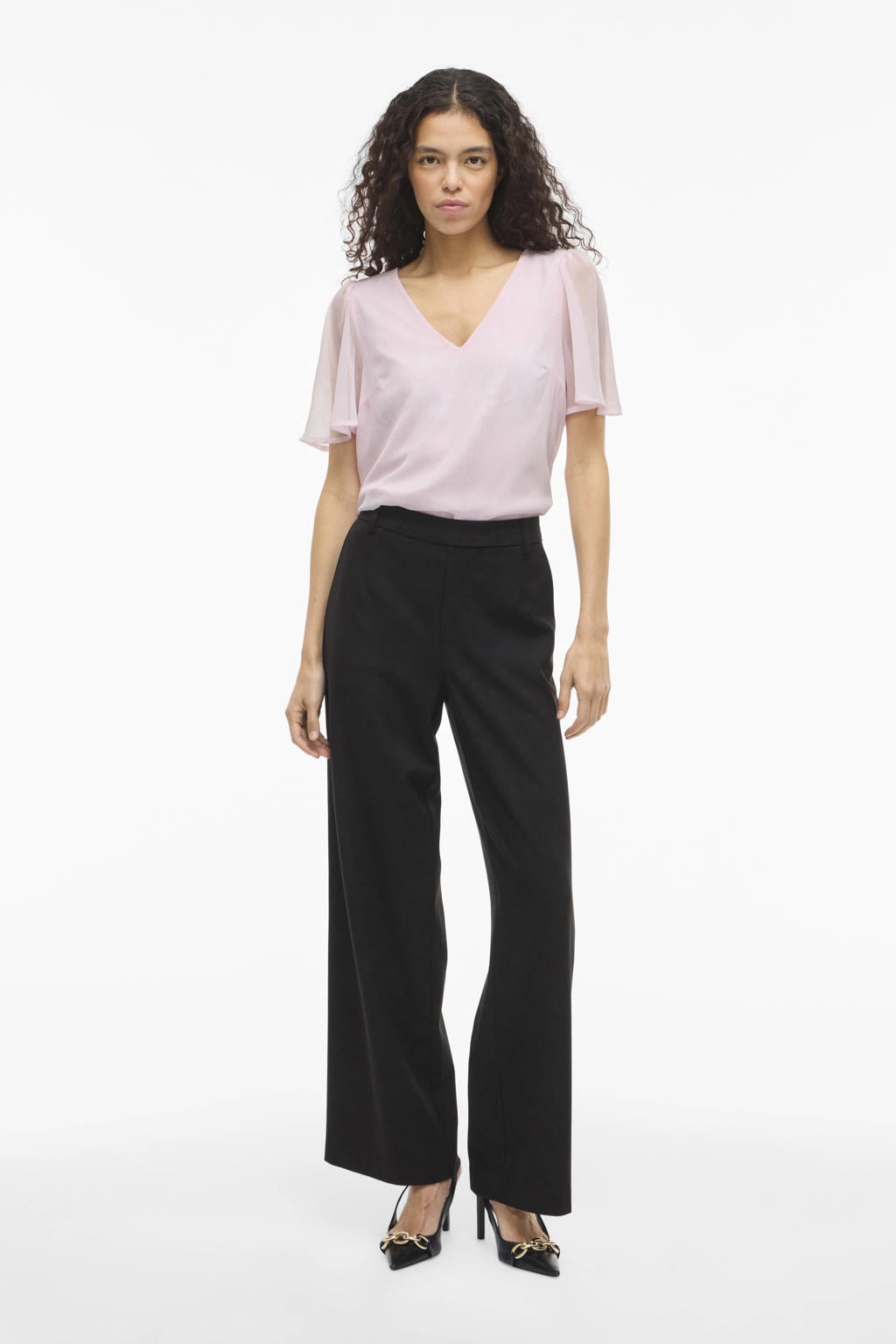 Lichtroze dames VILA top van polyester met effen, korte mouwen, V-hals en semi-transparante details