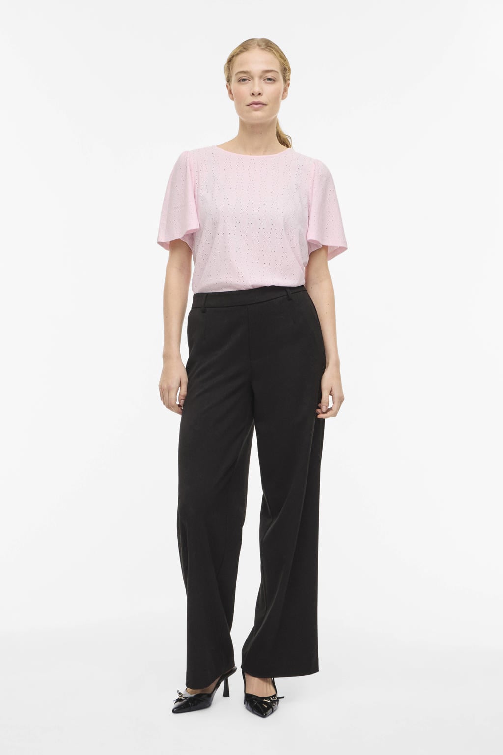 Lichtroze dames VILA top van polyester met effen, korte mouwen en ronde hals