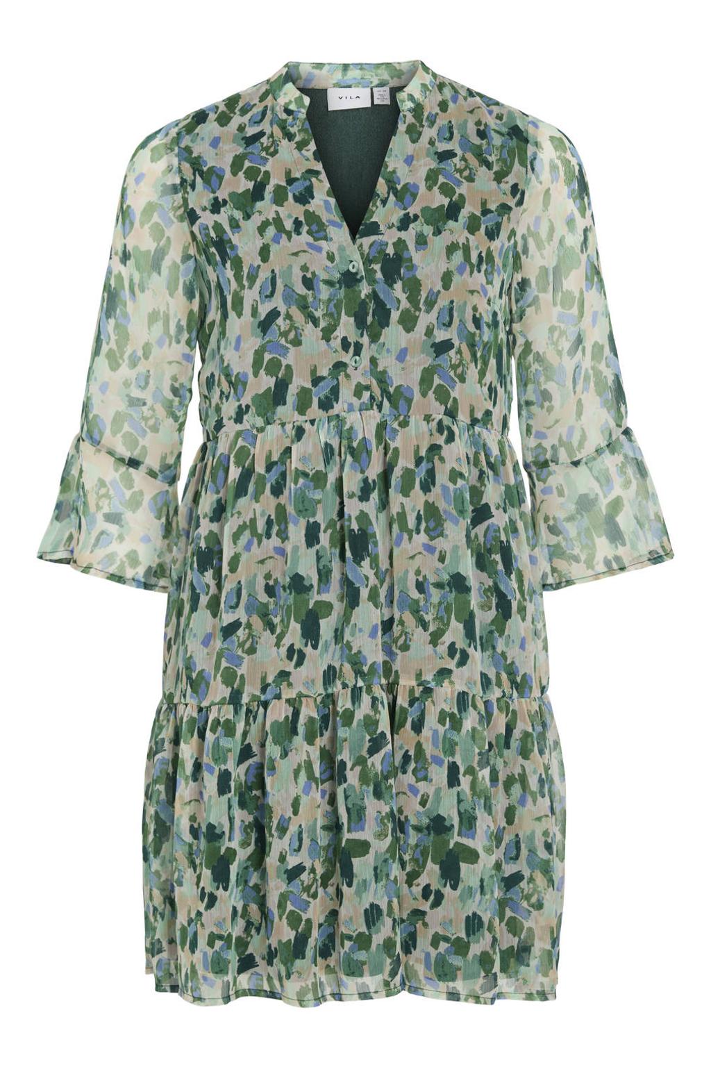Groene dames VILA semi-transparante mini jurk van polyester met driekwart mouwen, V-hals en knoopsluiting
