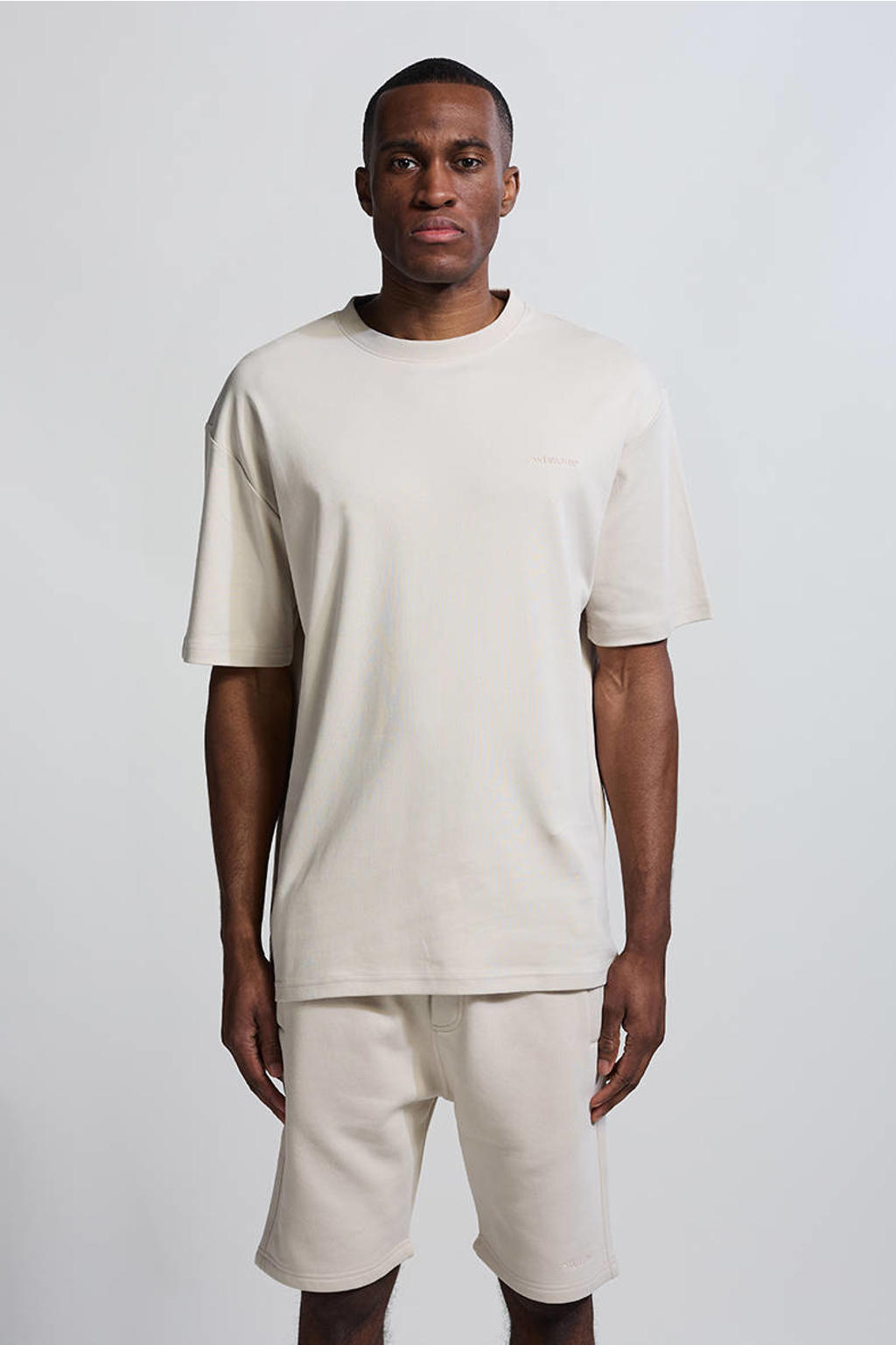 Beige heren Vänner relaxed T-shirt van katoen met effen, korte mouwen en ronde hals