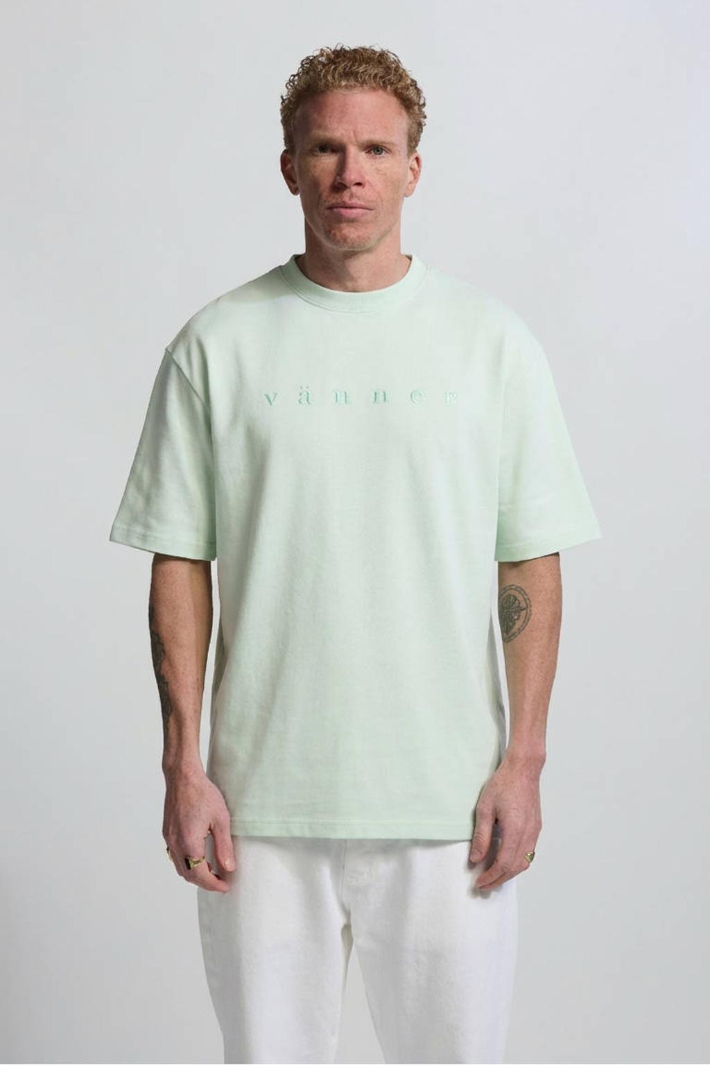 Lichtgroene heren Vänner oversized T-shirt van katoen met logo dessin, korte mouwen, ronde hals en borduursels