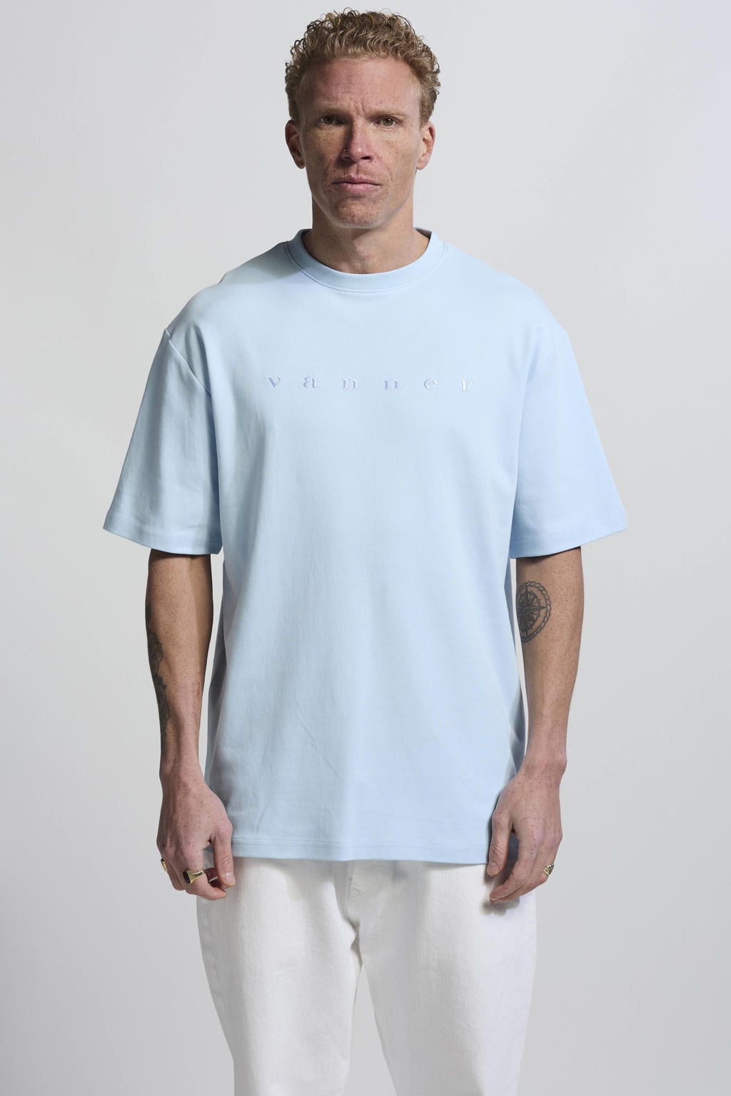 Lichtblauwe heren Vänner oversized T-shirt van katoen met logo dessin, korte mouwen, ronde hals en borduursels