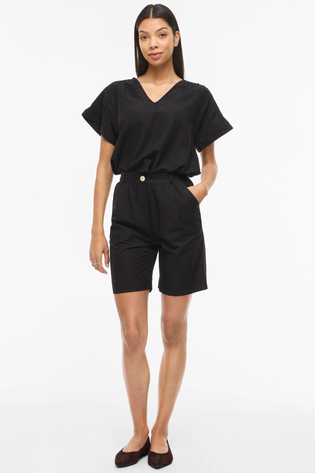 Zwarte dames VILA high waist bermuda short van linnen met loose fit, elastische inzet en effen