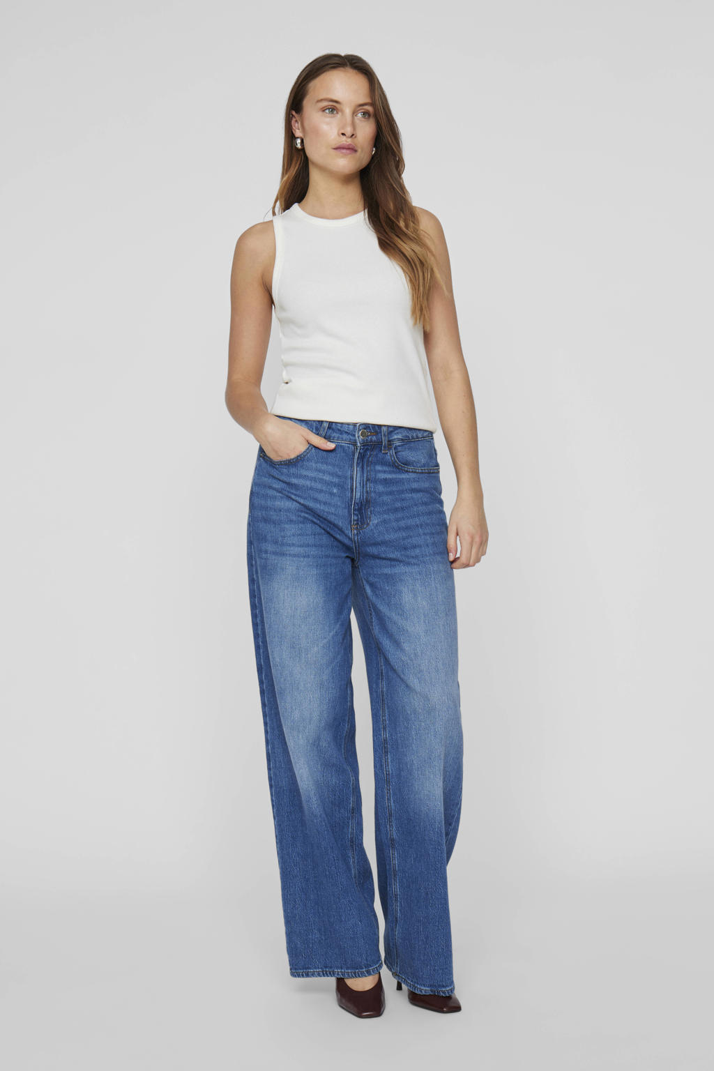 Witte dames VILA top rib gebreid met melée print en ronde hals