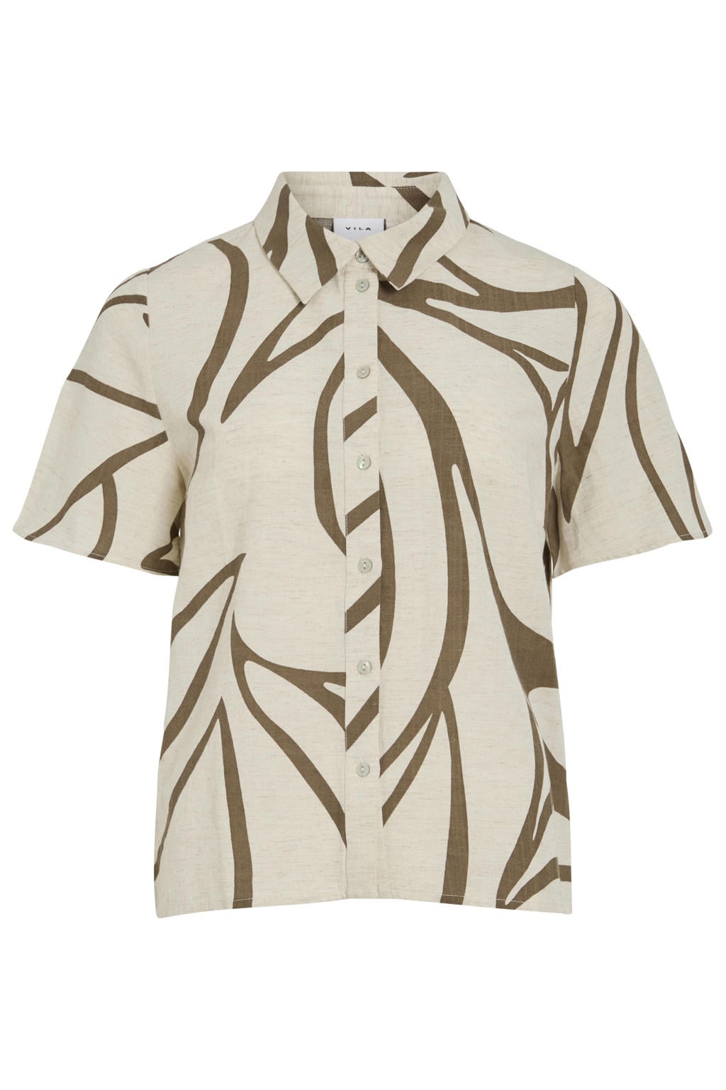 Zand en donkergroene dames VILA blouse van linnen met grafische print, half lange mouwen, klassieke kraag en knoopsluiting