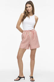 thumbnail: Koraalrood en ecru dames VILA regular high waist gestreepte casual short van linnen met elastische tailleband met koord