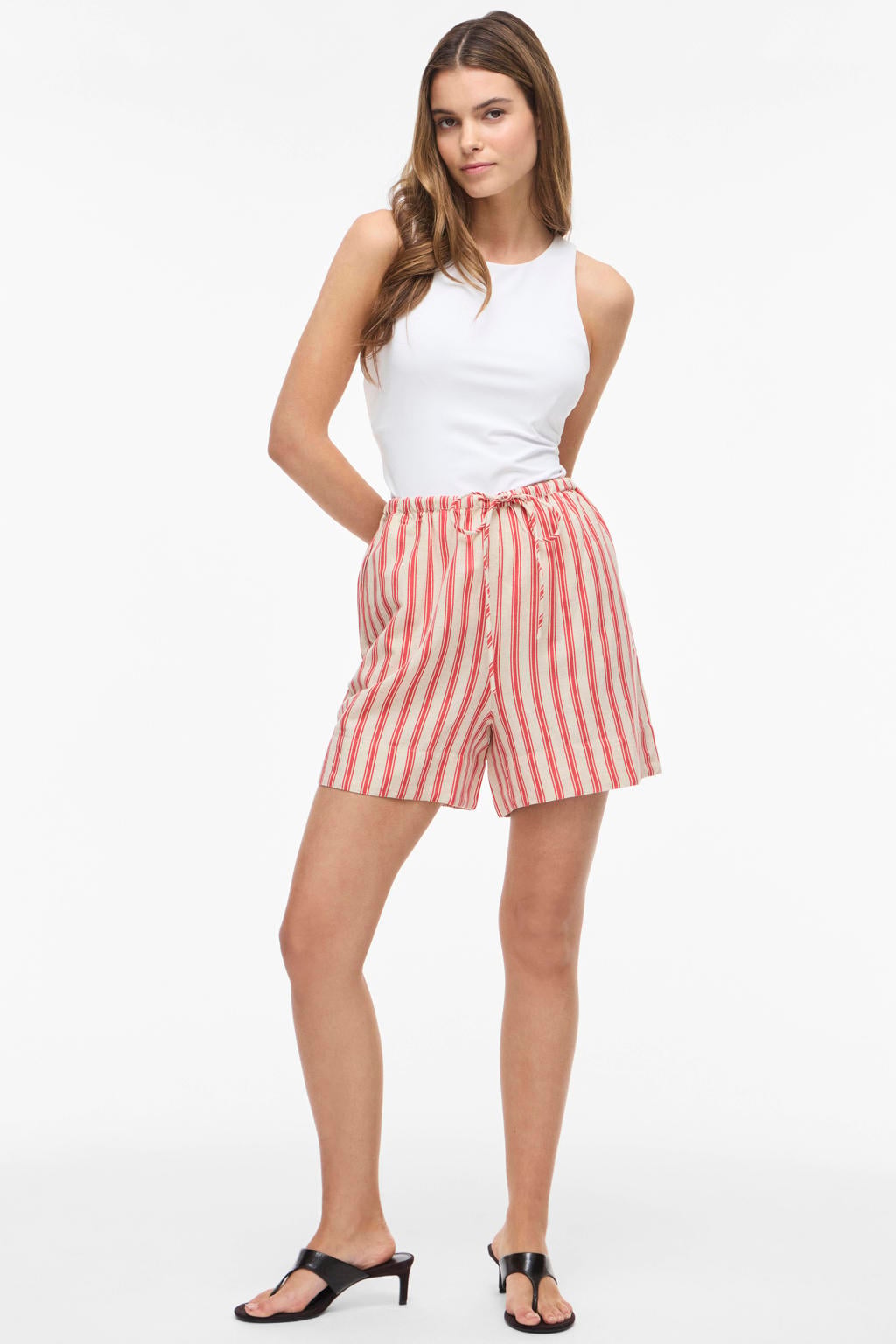Koraalrood en ecru dames VILA regular high waist gestreepte casual short van linnen met elastische tailleband met koord