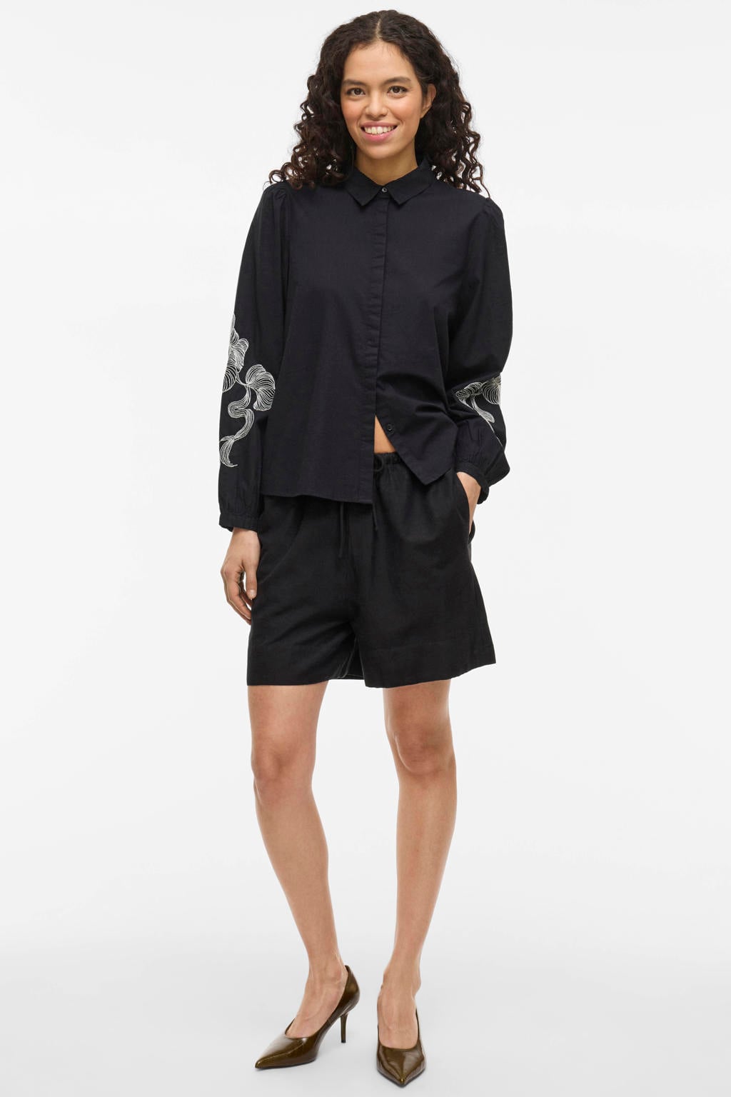 Zwarte dames VILA regular high waist casual short van linnen met elastische tailleband met koord en effen