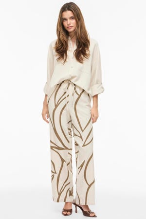 wide leg regular waist casual broek met linnen beige