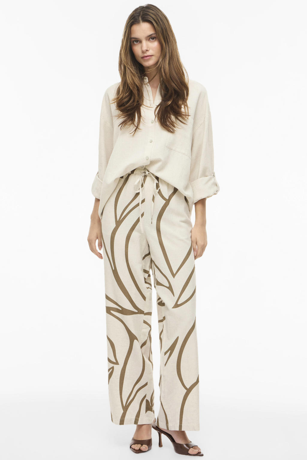 Beige en kakikleurige dames VILA wide leg regular waist casual broek van linnen met bladprint