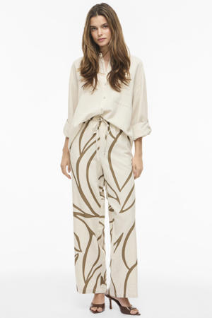 wide leg regular waist casual broek met linnen beige