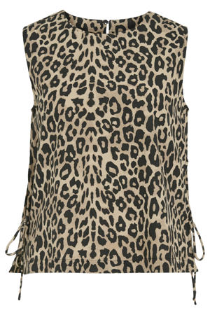 mouwloze top met panterprint beige