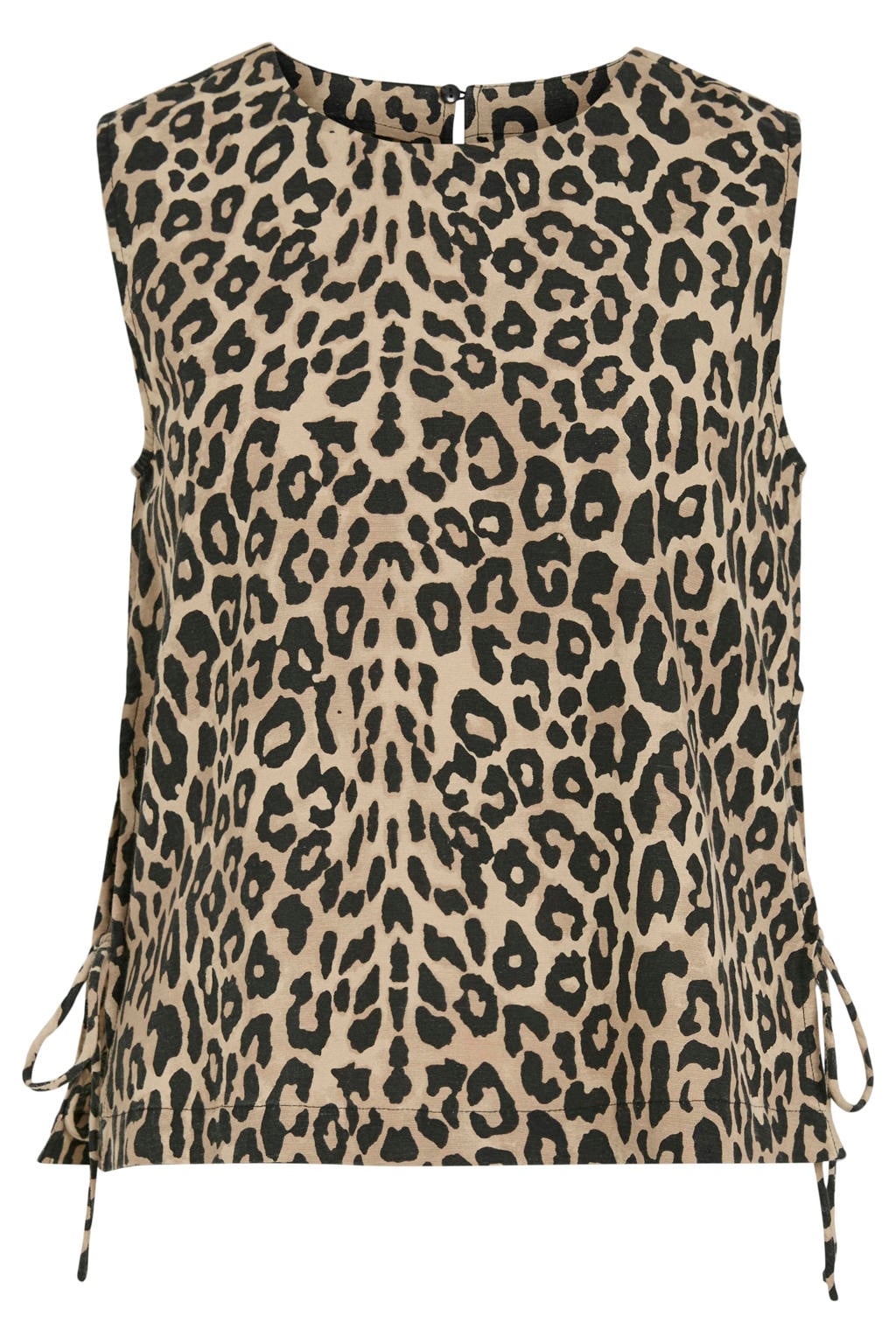 Beige en zwarte dames VILA mouwloze top van viscose met panterprint, ronde hals en sierveter detail