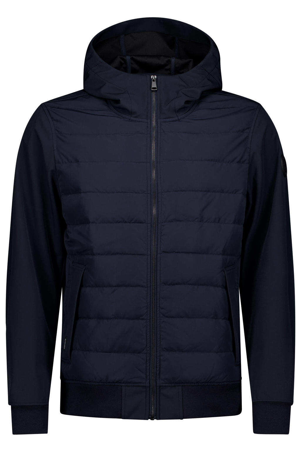Donkerblauwe heren Airforce zomerjas van softshell materiaal met effen, lange mouwen, capuchon, ritssluiting en doorgestikte details