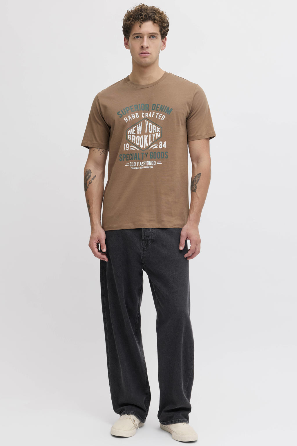 Bruine heren JJ REBEL regular T-shirt van katoen met printopdruk, korte mouwen en ronde hals